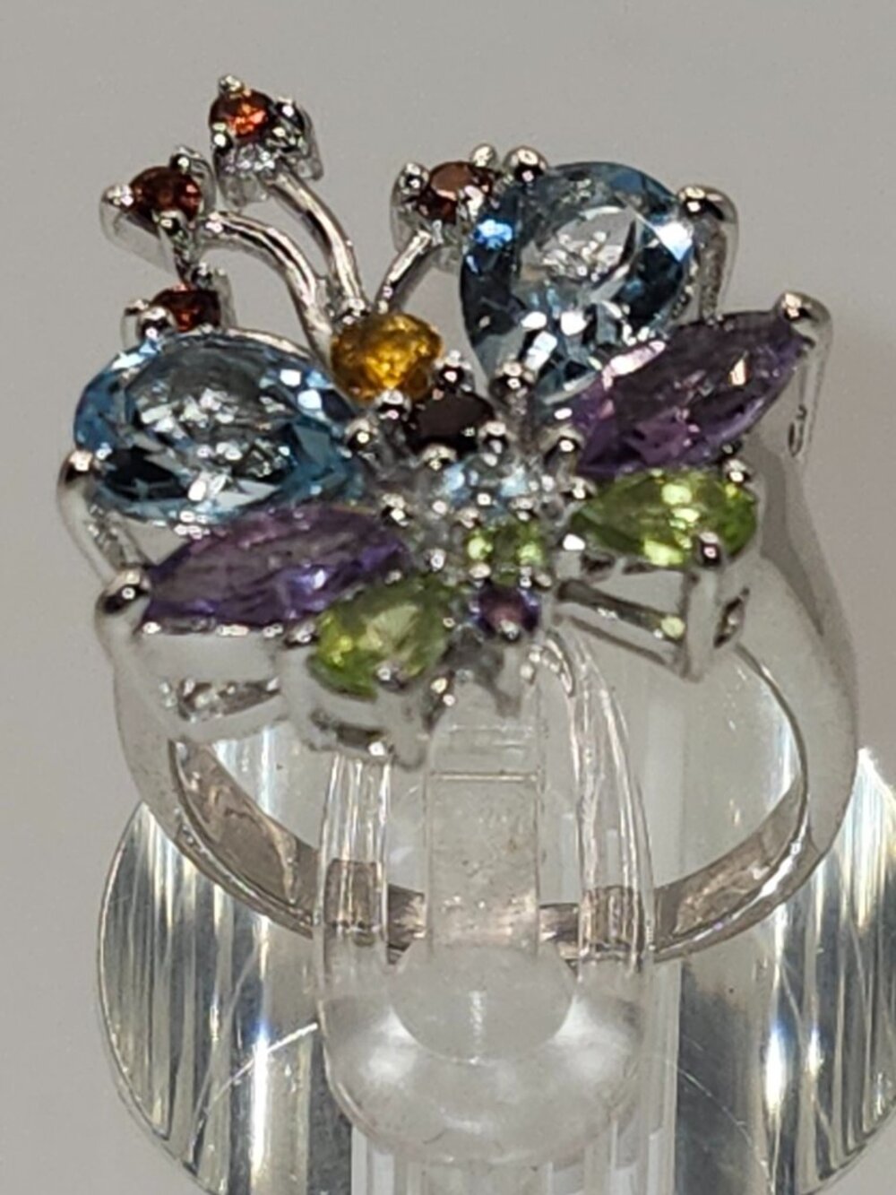 .925 Sterling Silver Amethyst/Garnet/Peridot/Citrine/Topaz Butterfly Ring Size 7